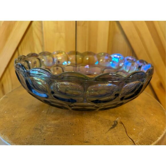 Federal CARNIVAL  GLASS  Iridescent Thumbprint  "Colonial Smoke" 9 3/8” Bowl Vtg - Picture 3 of 10